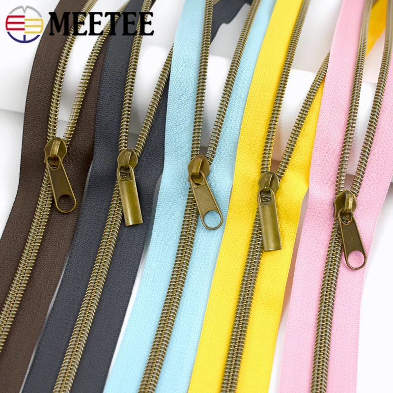 3/5/10Meters 5# Nylon Zipper Colorful Tape Bronze Teeth Open-End Zips Tailor for Bag Clothes Repair Kit DIY Sewing Accessories