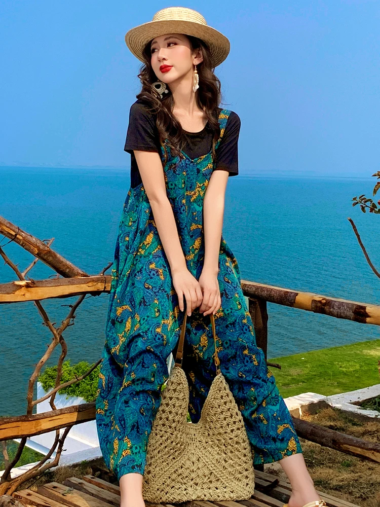 

Summer Thin Wide Leg Jumpsuit Women's Beach Vaion Pants Loose Suit Set Sweet Sle Polyester Fiber Long Pants