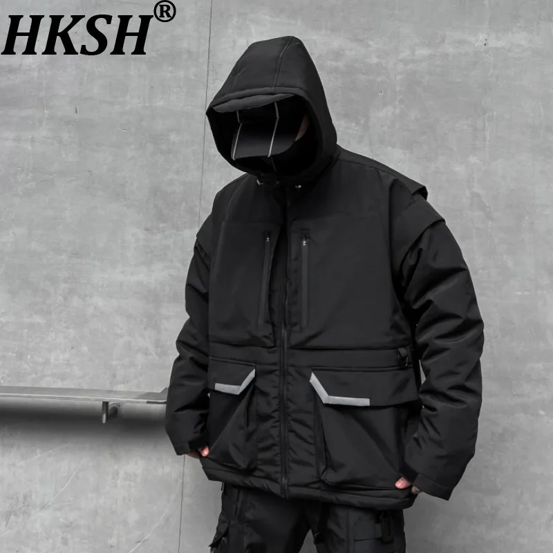 

HKSH Autumn Winter New Men Dark Loose Thickened Hooded Jacket Trend Windbreaker Coat Chic Safari Style Multi-pocket Tops HK12442