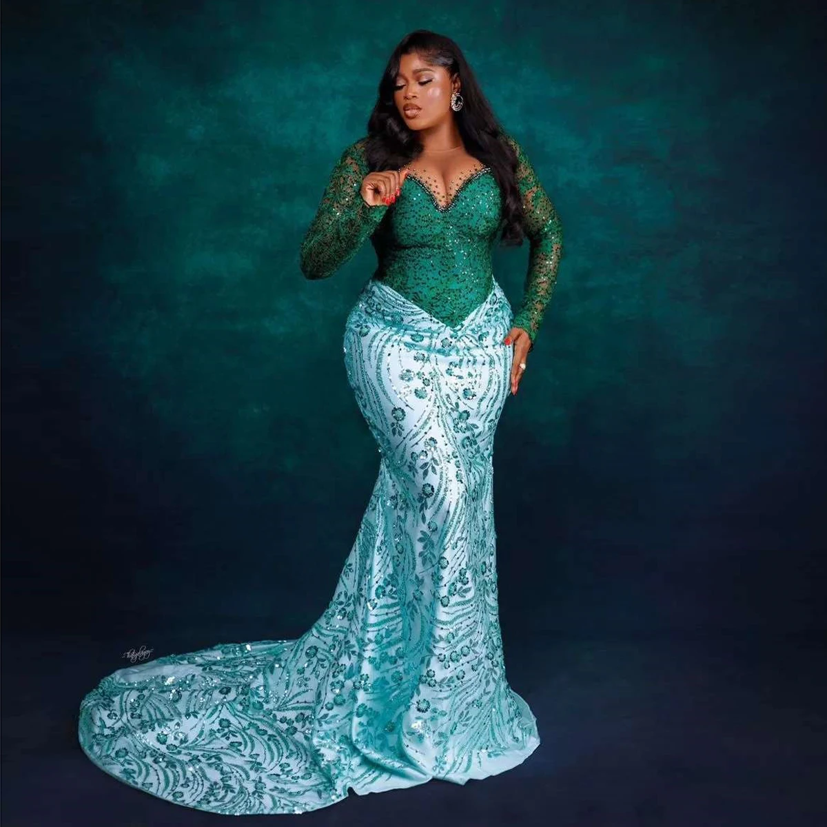 Emerald Green African Formal Party Dresses Luxury Beaded Lace Aso Ebi Style Wedding Reception Dress Black Women Prom Dress 2024