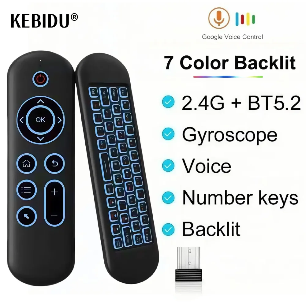 Controle remoto air mouse giroscópio de voz 7 cores retroiluminado mini teclado modo duplo 2.4g bt5.2 sem fio para android smart tv box pc