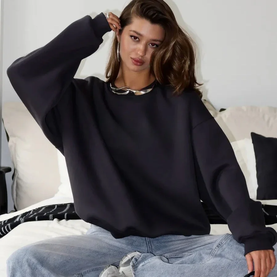 جديد الخريف بلون جولة الرقبة البلوز المرأة عارضة فضفاض قمم طويلة الأكمام كنزة بمقاس كبير للجنسين الشارع الشهير قمم