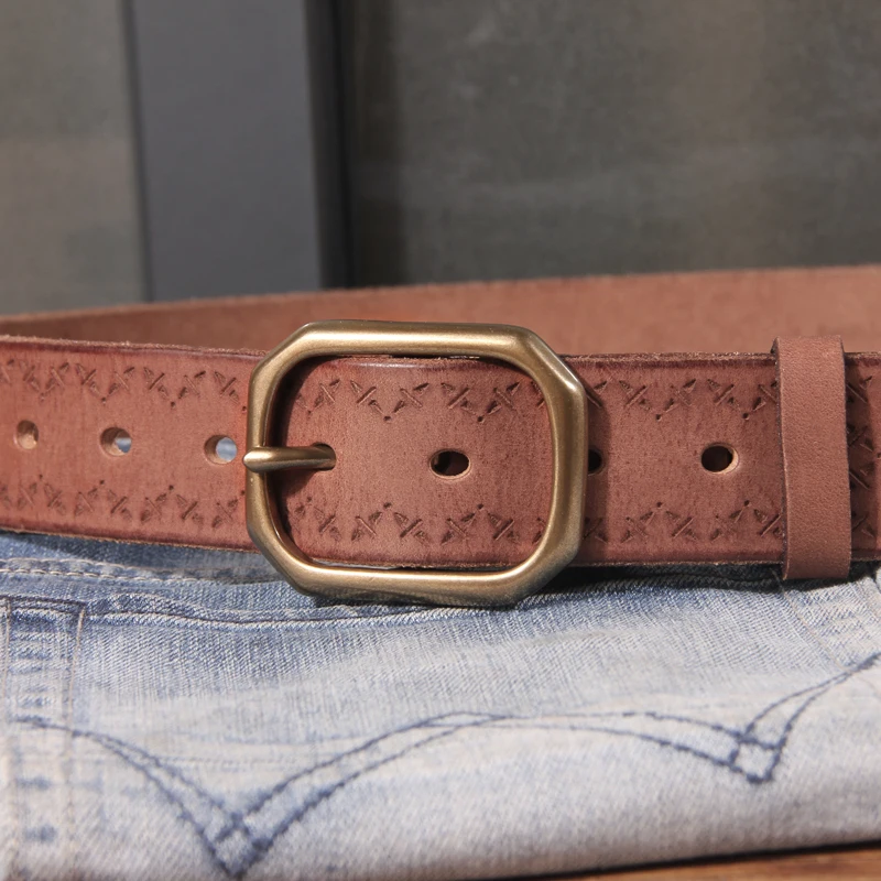 Vintage Luxury Brand Laser Carved Leather Copper Buckle Man's Belt Cowhide Retro Designer Casual Jeans Army Tactical Belt