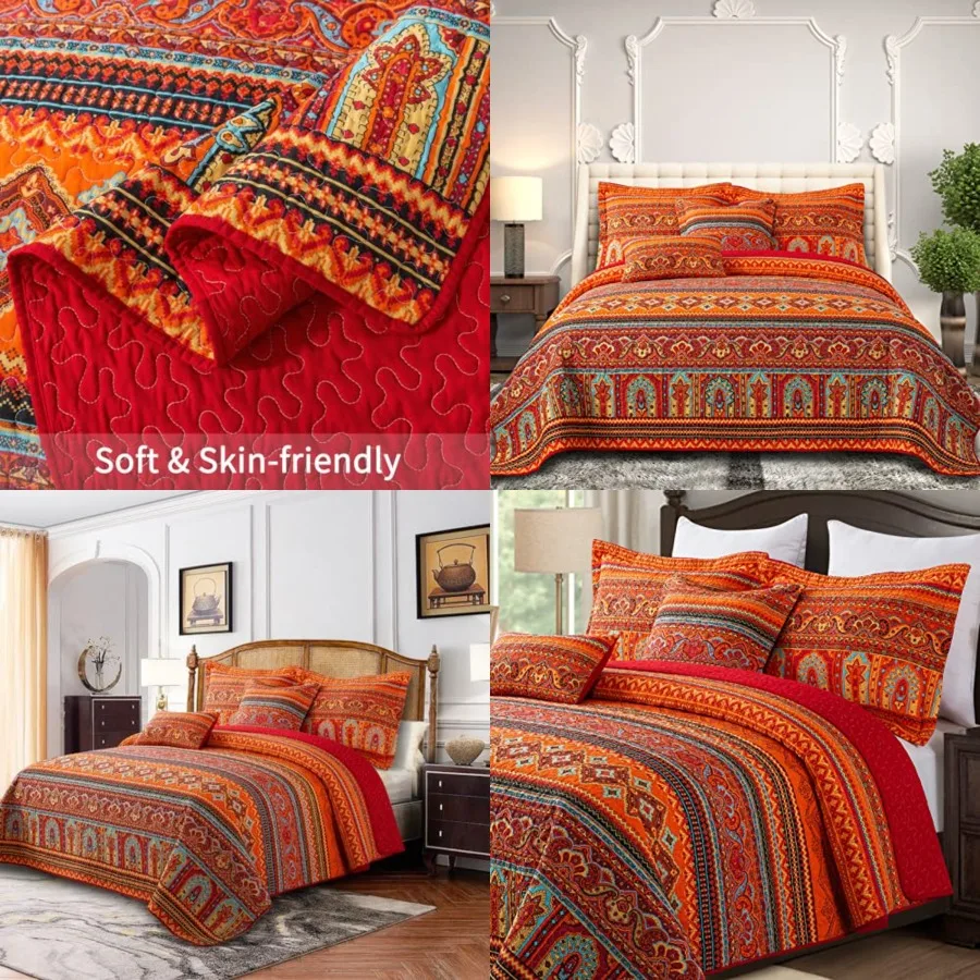 

Cotton Quilts Queen Size Set - Lightweight Bedspreads Queen Size - Soft Colorful Orange Quilted Quilt Bedding Sets (90 * 98 Inch) with 2 Pillow Shams for Bed Decoration Coverlet, 3 Pieces
