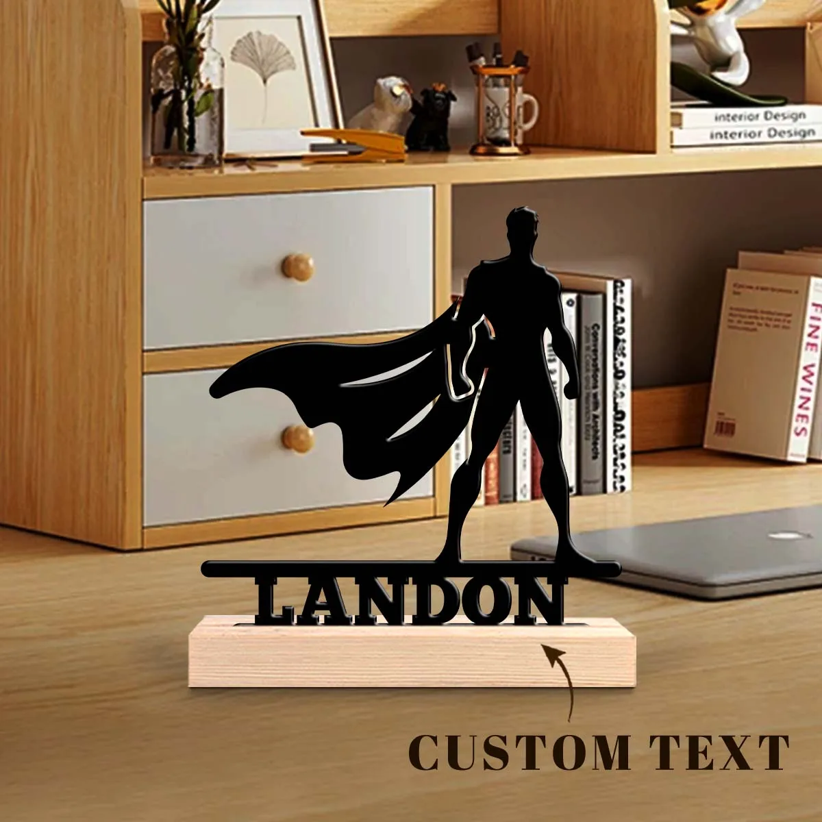 1pc Personalized Iron Desktop Ornament Customizable Content Equipped with A Wooden Base Perfect for Home or Office Decoration