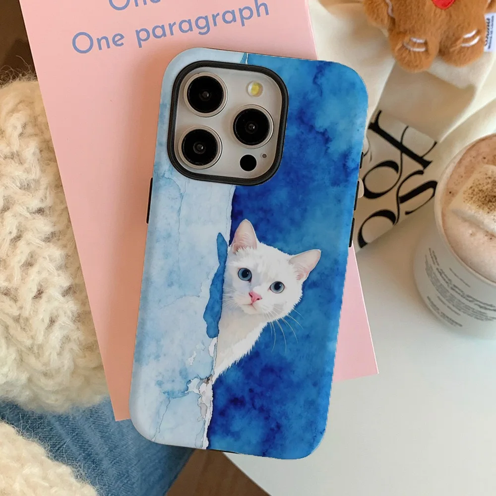 Blue Ink Wash Painting of A Cat Phone Case for Samsung Galaxy S20 S23 S24 S25 S26 FE Plus Ultra Edge 4G 5G Double-layer Cover