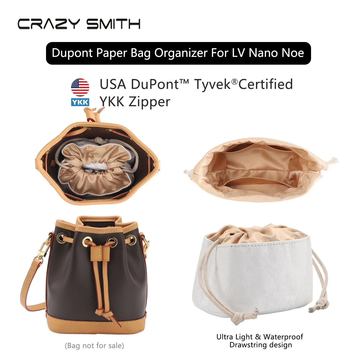 CRAZYSMITH Bag Organizer For LV Nano Noe Handbag Dupont Paper Inner Bag Insert Storage Bags Drawstring Liner Bag Support Shaper