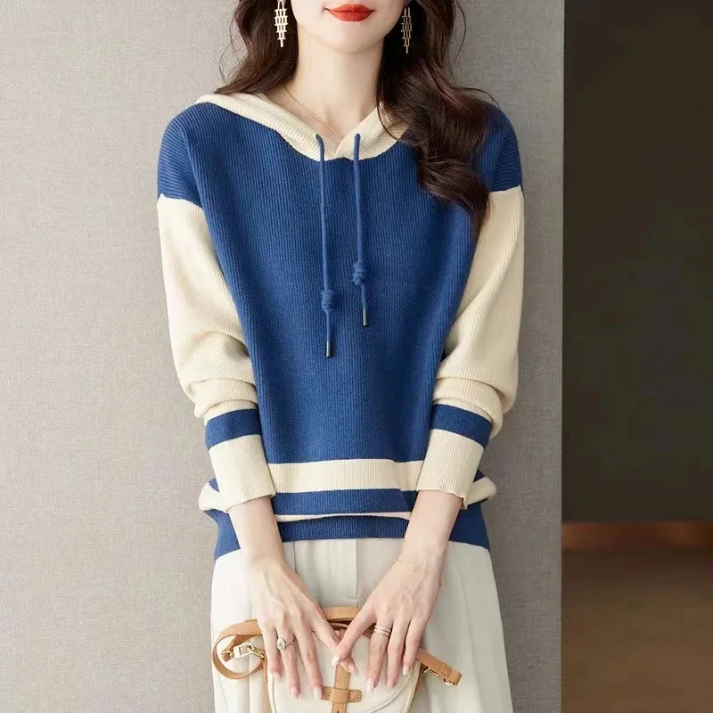 BOWEYLUN Spring and Autumn Color Blocking Casual Hooded Knit Sweatshirt Sweatshirt for Women