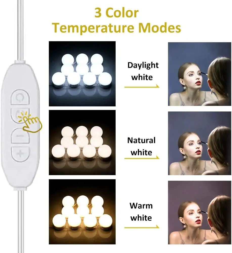 Vanity Mirror Lights Adjustable Color Brightness 10LED Light Bulbs Lighting Makeup Table Set Dressing Table Bathroom USB Light