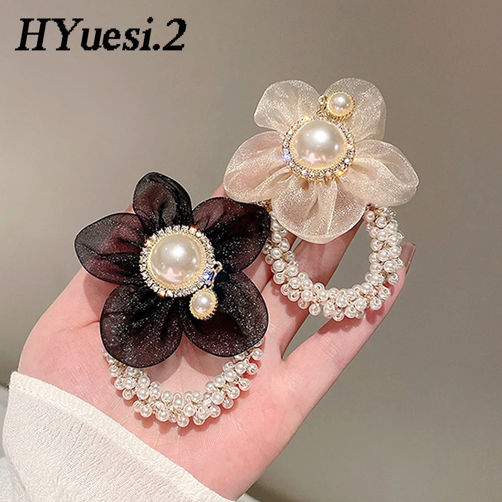 Elegant Rhinestone Flower Hair Rope Elastic Organza Pearl Beaded Hair Scrunchies Lace Ponytail Holder Hair Accessories For Women