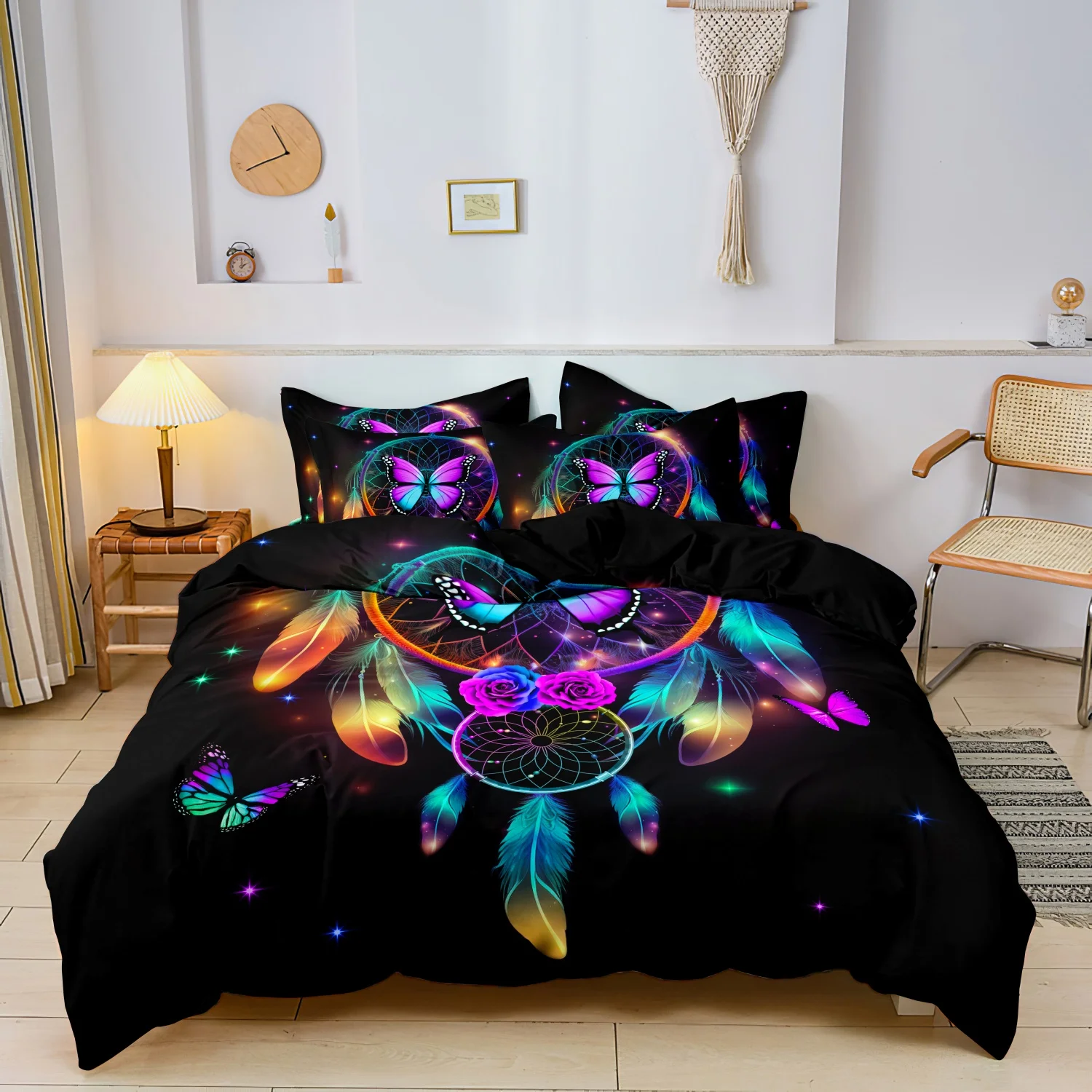 3Pcs Rainbow Dreamcatcher Print Duvet Cover Set, Black Starry Butterfly Colorful Feather Purple Floral Boho Pattern Bedding