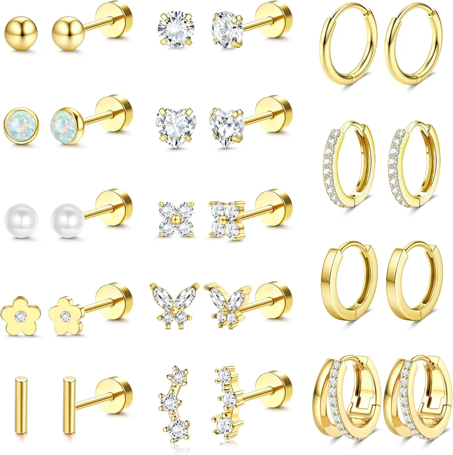 

Drperfect Flat Back Earrings 14K Gold Plated Cartilage Earring Sets Surgical Steel Earrings for Women Hoop Stacks Piercing Jewel