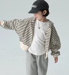 Coat Autumn Winter Childrens Clothing Girls Boys Children Zipper Sweater Neutral Stripe Loose Simple 2024 Fashion