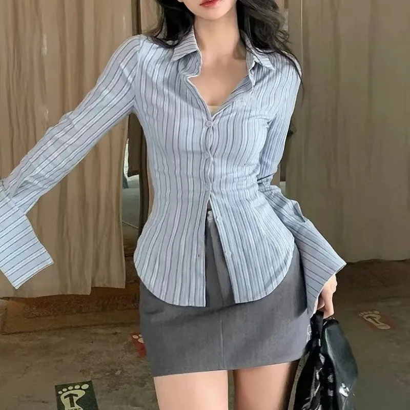 Vintage Gestreepte Shirts Vrouwen Y2k Damesblouses Sexy Slanke Lange Mouw Tops Dames Streetwear Koreaanse Populaire Kleding Vrouwen