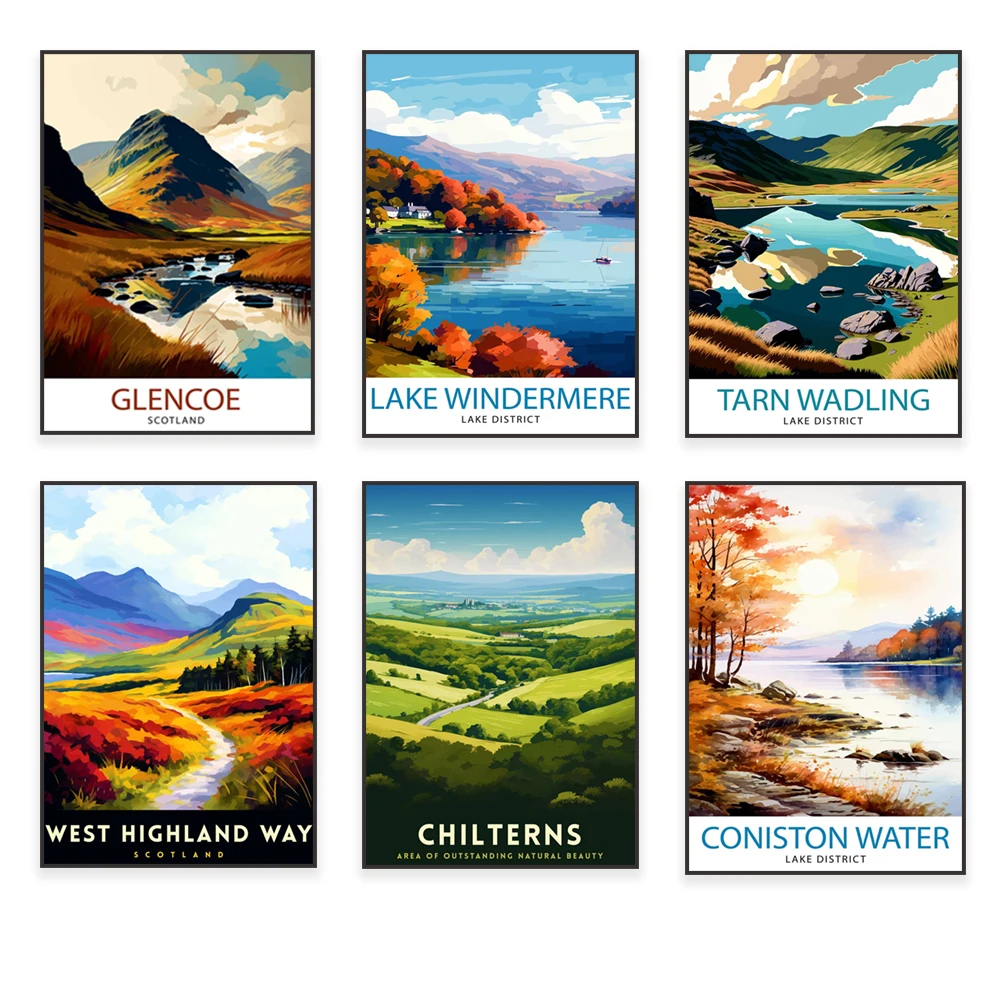 Scafell Pike, Bamburgh Castle, Coniston Water, Tarn Wadlin Lake District, Glencoe, Scotland, Lake Windermere travel poster