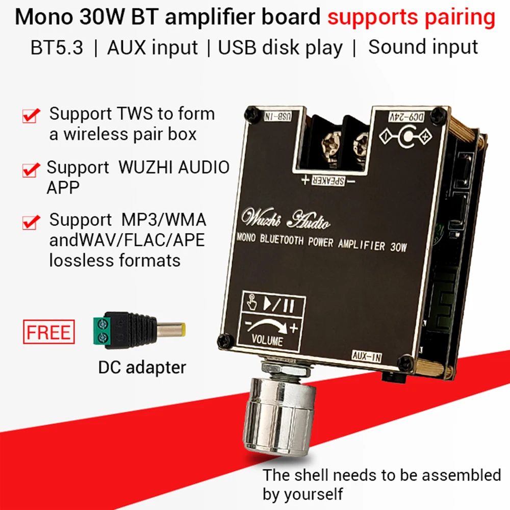 ZK-301B Mono 30W Bluetooth-compatible 5.3 Audio Amplifier Module with True Wireless TWS Box Support MP3/WMA/WAV/FLAC/APE