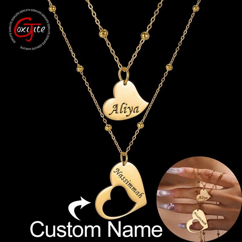 

Goxijite Customized Name 2 Layer Love Necklace Stacking Couple Stainless Steel Personalized Hollow Name Choker Jewelry Gift