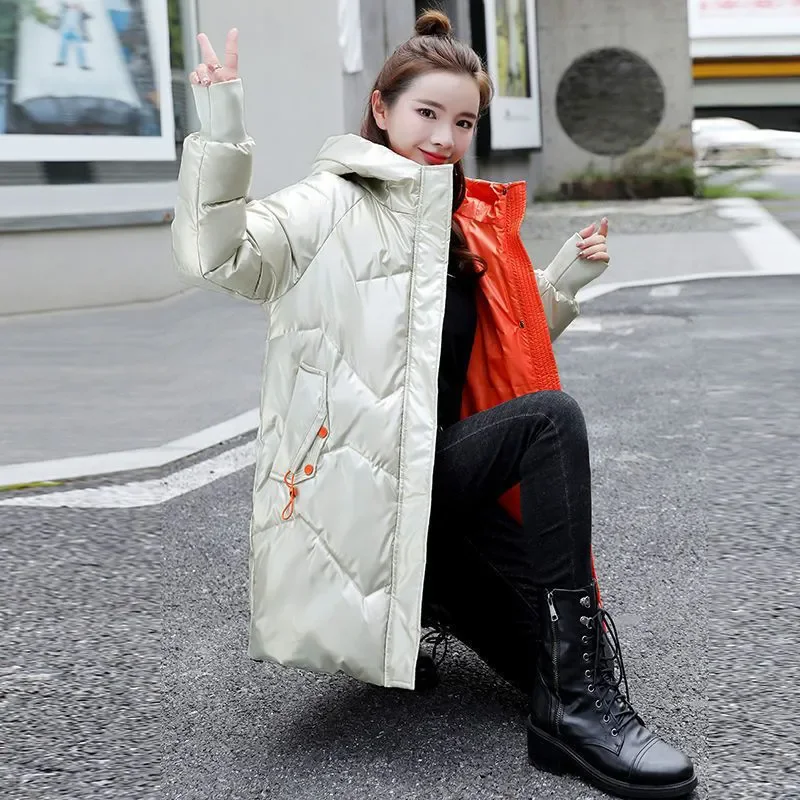 2024 Women\'s Winter Parkas Mid length Coat Loose Coat Thickened Bright Face Cotton Coat Women Cotton Padded Jacket