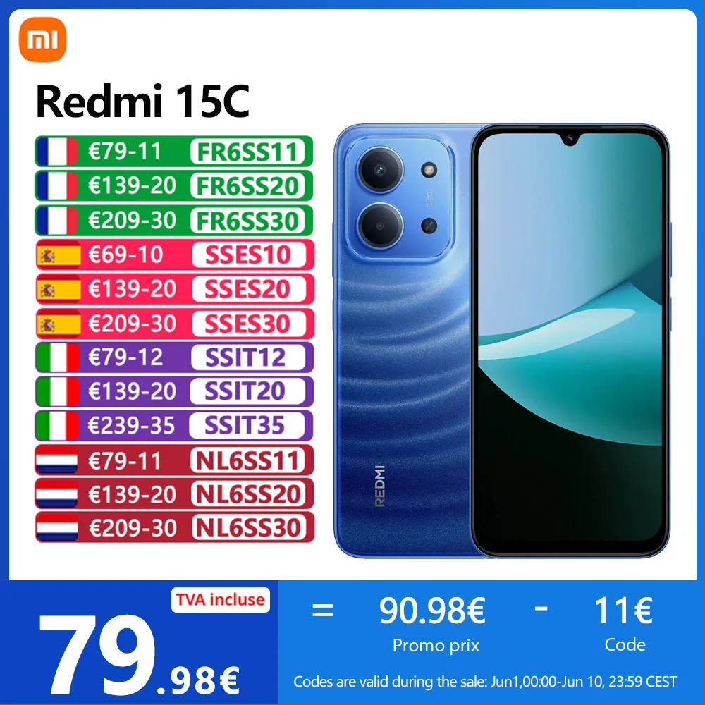 Xiaomi Redmi 15C, écran 6,9", 120 Hz, MediaTek Helio G81-Ultra, batterie 6000mAh, appareil photo 50MP, IP64