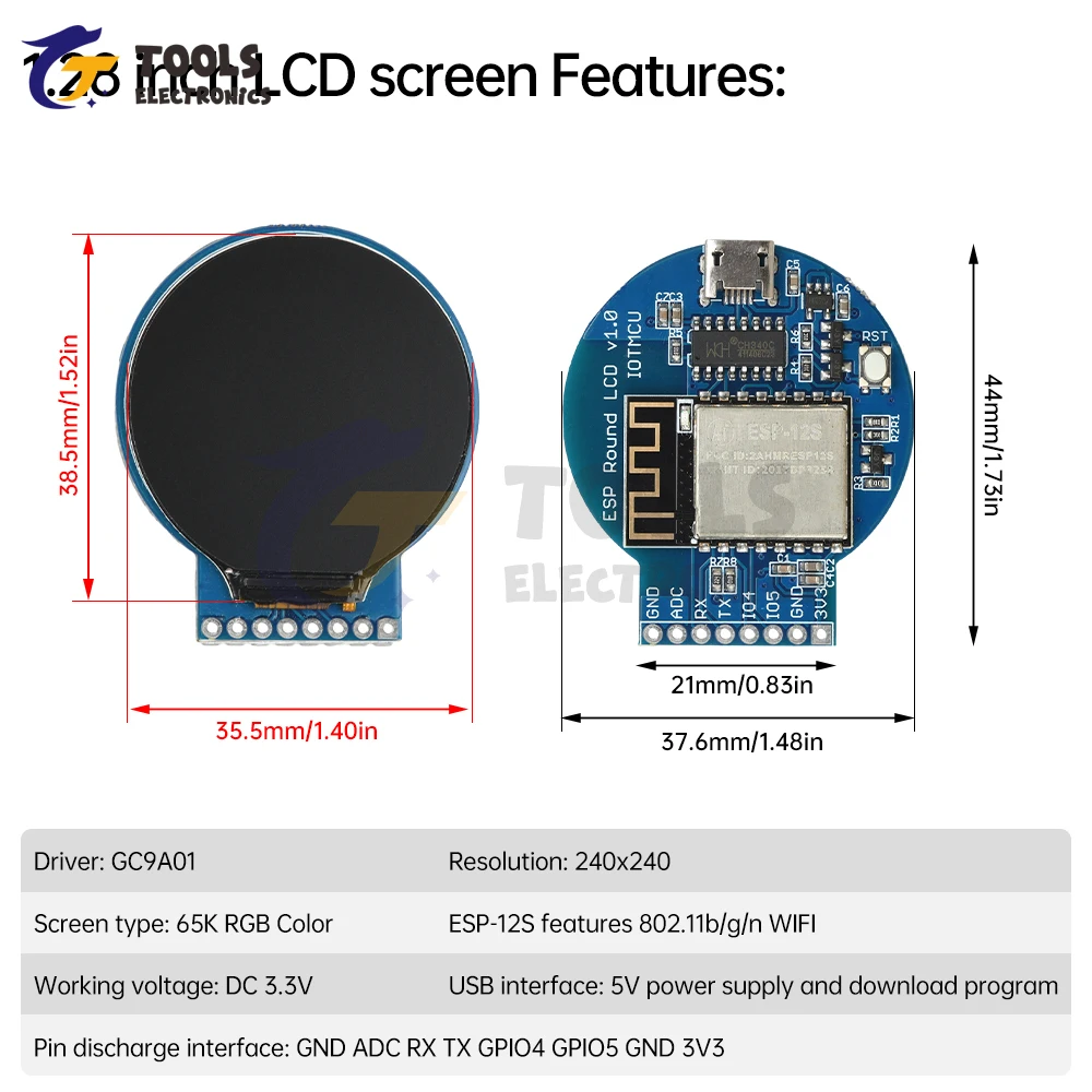 ESP8266 Development Board NodeMCU Expansion Board 1.28-inch GC9A01 240x240 Resolution Circular LCD Display Micro USB Interface