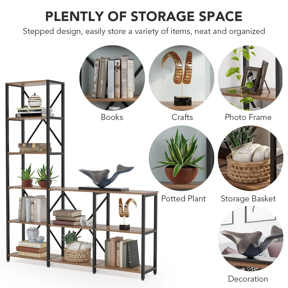 Tribesigns 9 Shelves Bookshelves, Industrial Ladder Corner Etagere Bookcase, Rustic 6-Tier Display Open Shelf Storage Organizer image 4