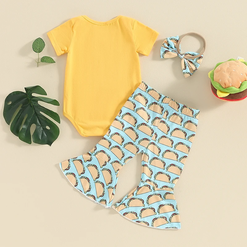 2024-01-12 Lioraitiin Baby Girl Clothes Set Letter Print Short Sleeve Romper with Cartoon Print Flare Pants and Headband Outfit