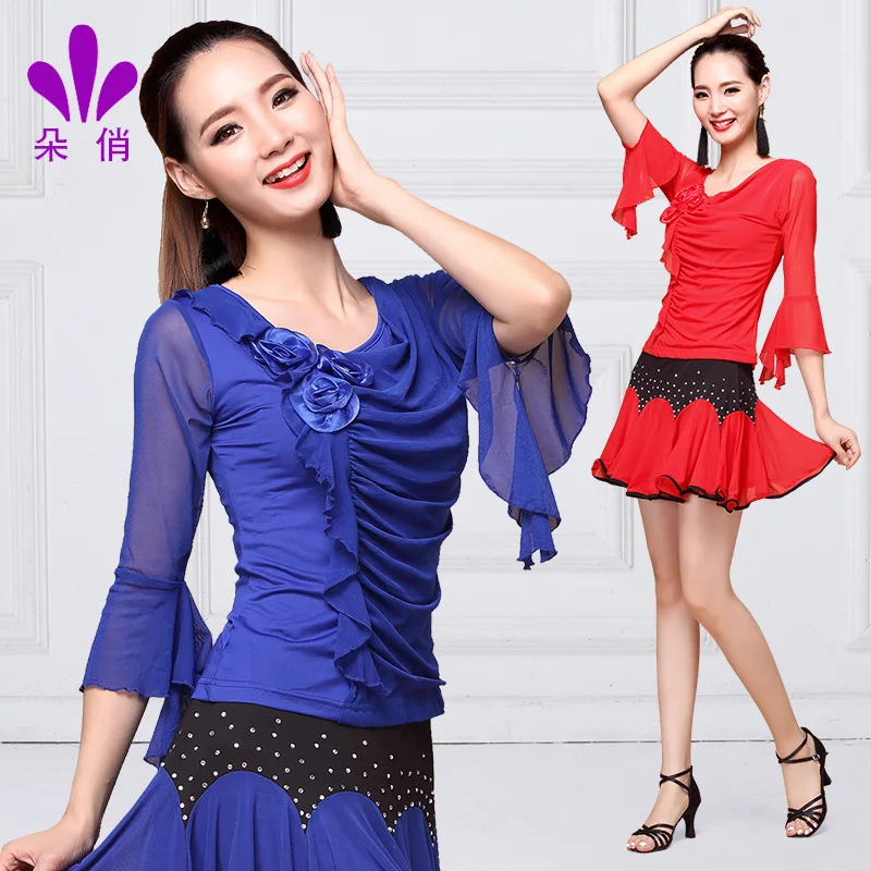 1pcs/lot fashion style woman latin dancing pleated blouse female sweet flower modern dancing top