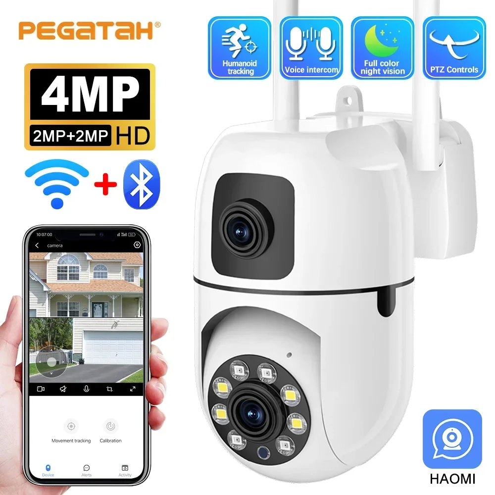 Kamera CCTV pengawas luar ruangan, kamera IP HD 4MP PTZ, lensa ganda, layar ganda, perlindungan keamanan pelacakan otomatis