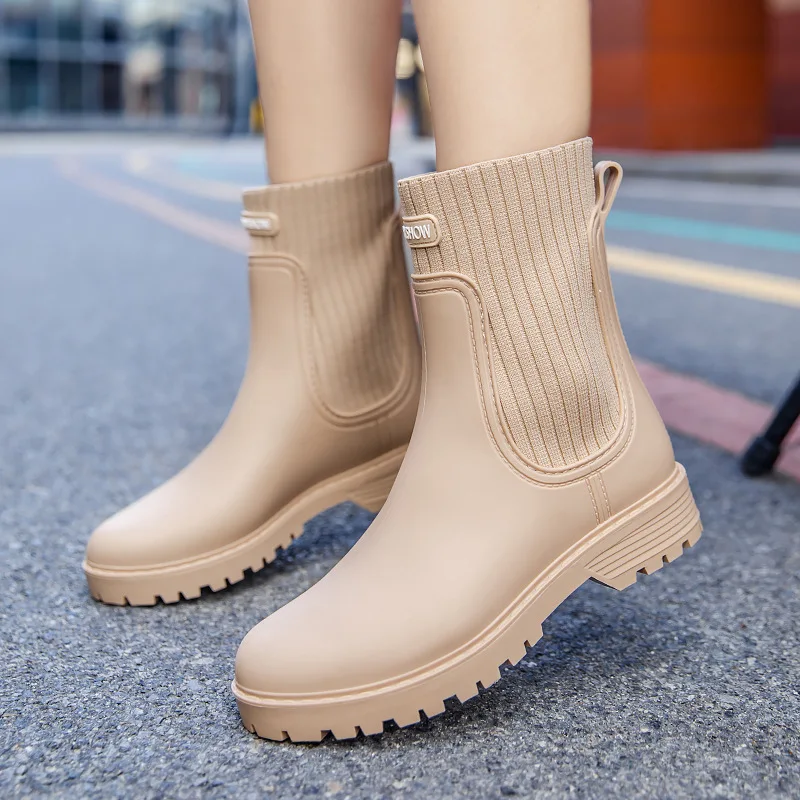 Women's Solid Color Warm Rain Boots New Style Vertical Stripe Fashion Non-slip Water Shoes Plastic Overshoes Low-cut Rain Boots