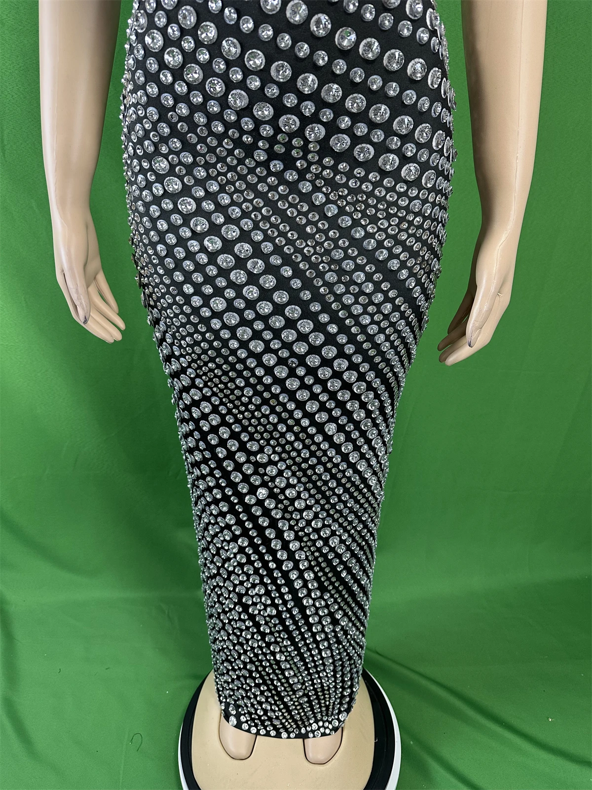 Stunning Black Full Rhinestone Stretch Spandex Sleeveless Long Dress For Women Birthday Party Queen Singer Costume Hot Drilling