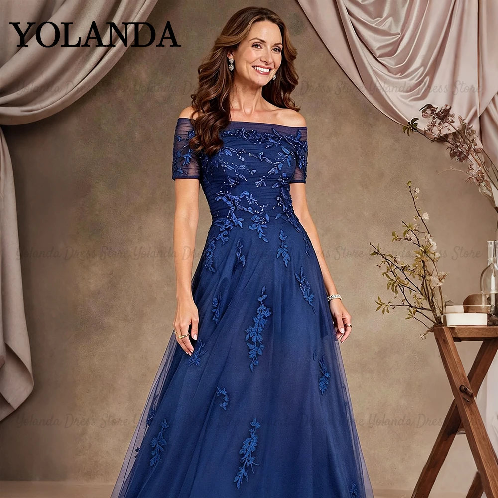 Yolanda vestido madrinha casamento Off The Shoulder Wedding Guest Dresses Short Sleeves Applique A‑Line Evening Gown Customized