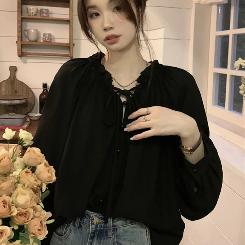 Autumn New Casual Fashionable Original Design Lace Up Long Sleeved Shirt French Style Elegant Temperament Solid Color Lady\'s Top