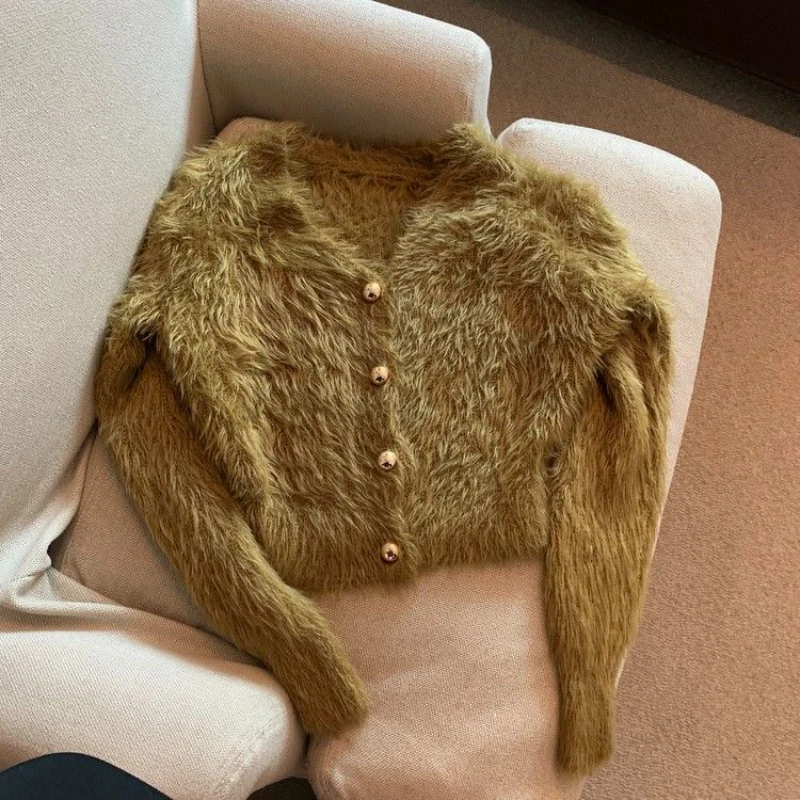 Autumn Winter New Fashion Round Neck Long Sleeve Solid Cardigan Women\'s Clothing Mink Fur Sweater Korean Button Knitting Tops