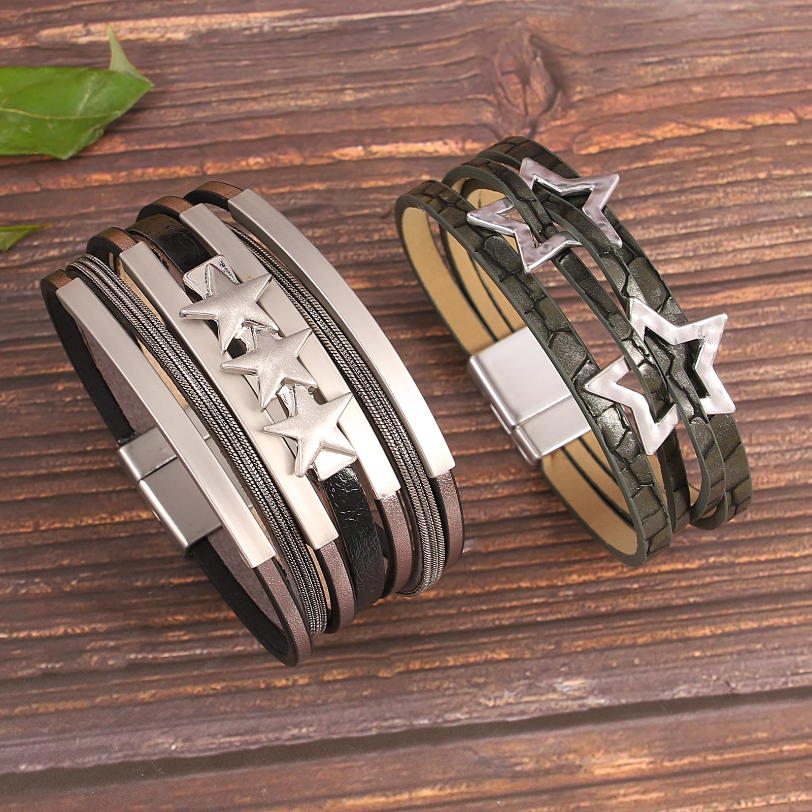 

Amorcome Vintage Metal Tube Star Shaped Leather Bracelet for Women Multilayer Stackable Magnetic Buckle Bangle Jewelry Gift