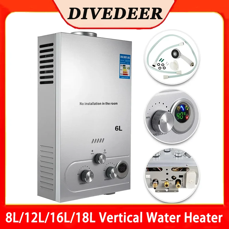 

DIVEDEER 8L/12L/16L/18L Domestic Portable Vertical Water HeaterWall Mounted LPG Water HeaterDigital DisplayFast Heating