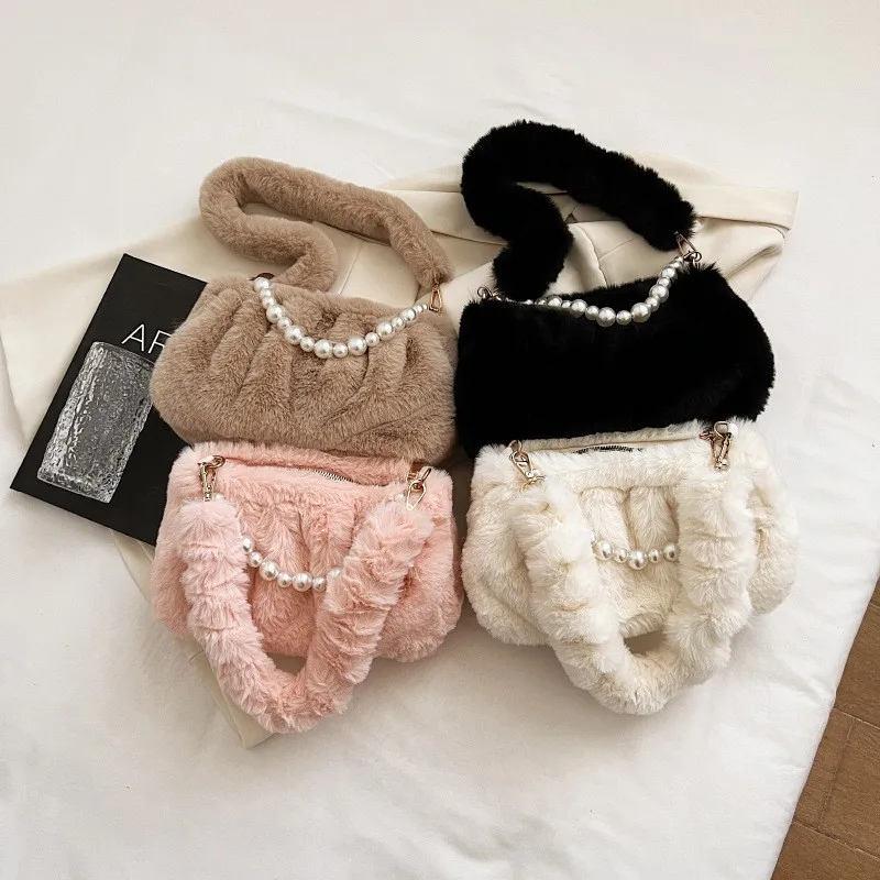 

Simple Design Women Soft Plush Shoulder Bags Winter Furry Ladies Clutch Purse Handbag Fashion Female Pearl chain Underarm Bag