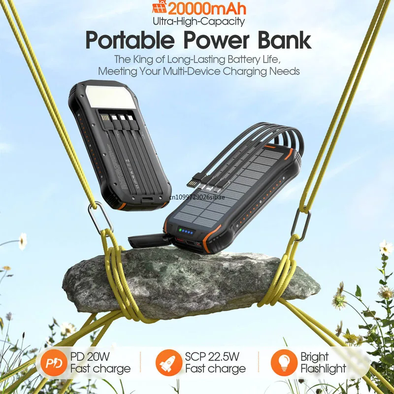 20000mah Solar Power Bank Portable Large Capacity 22.5W Super Fast Charging Outdoor External Battery For iPhone Samsung Xiaomi