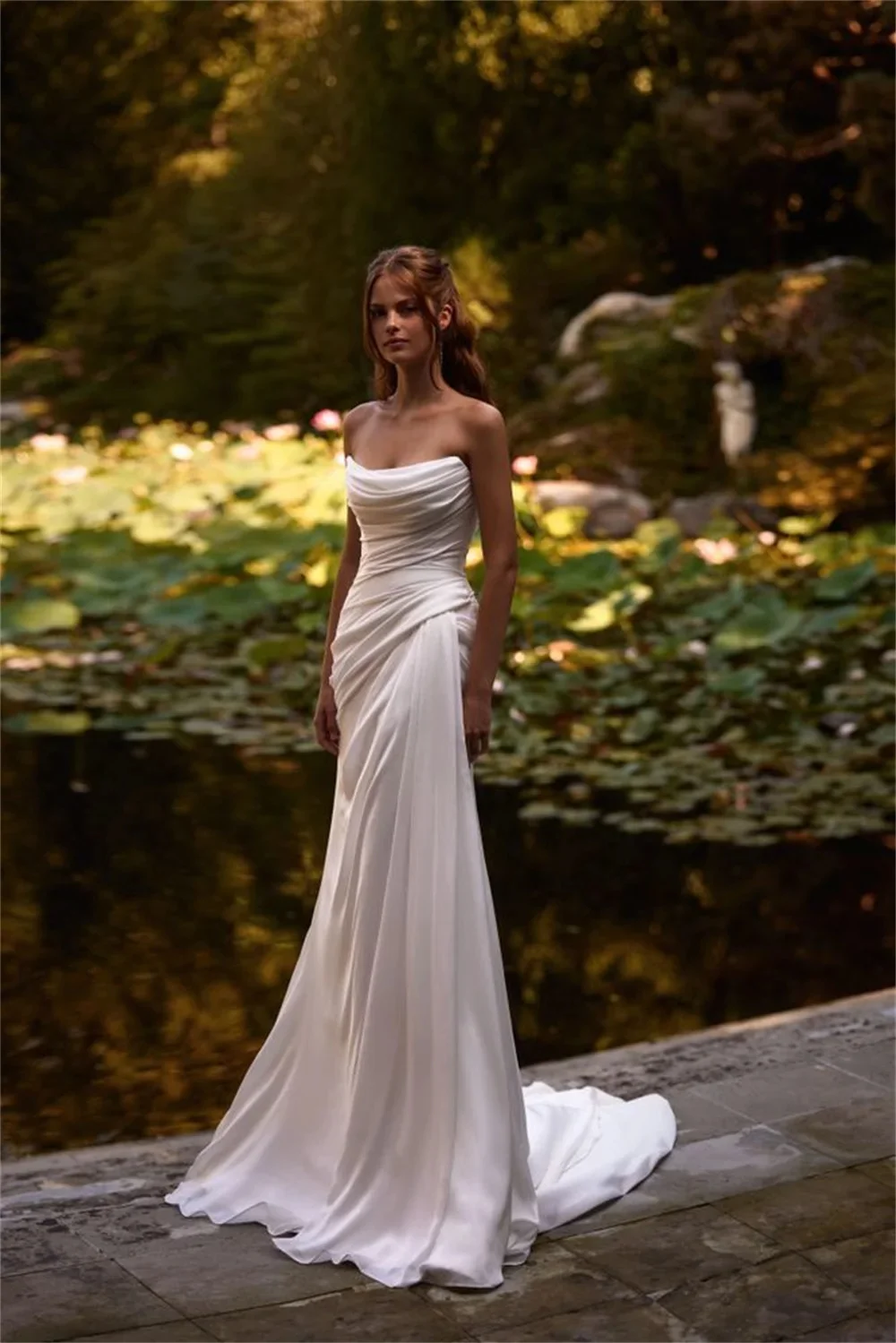 2025 Classic & Elegant Pleated Strapless Mermaid Wedding Dress — Off-the-Shoulder, Open Back (Customizable)