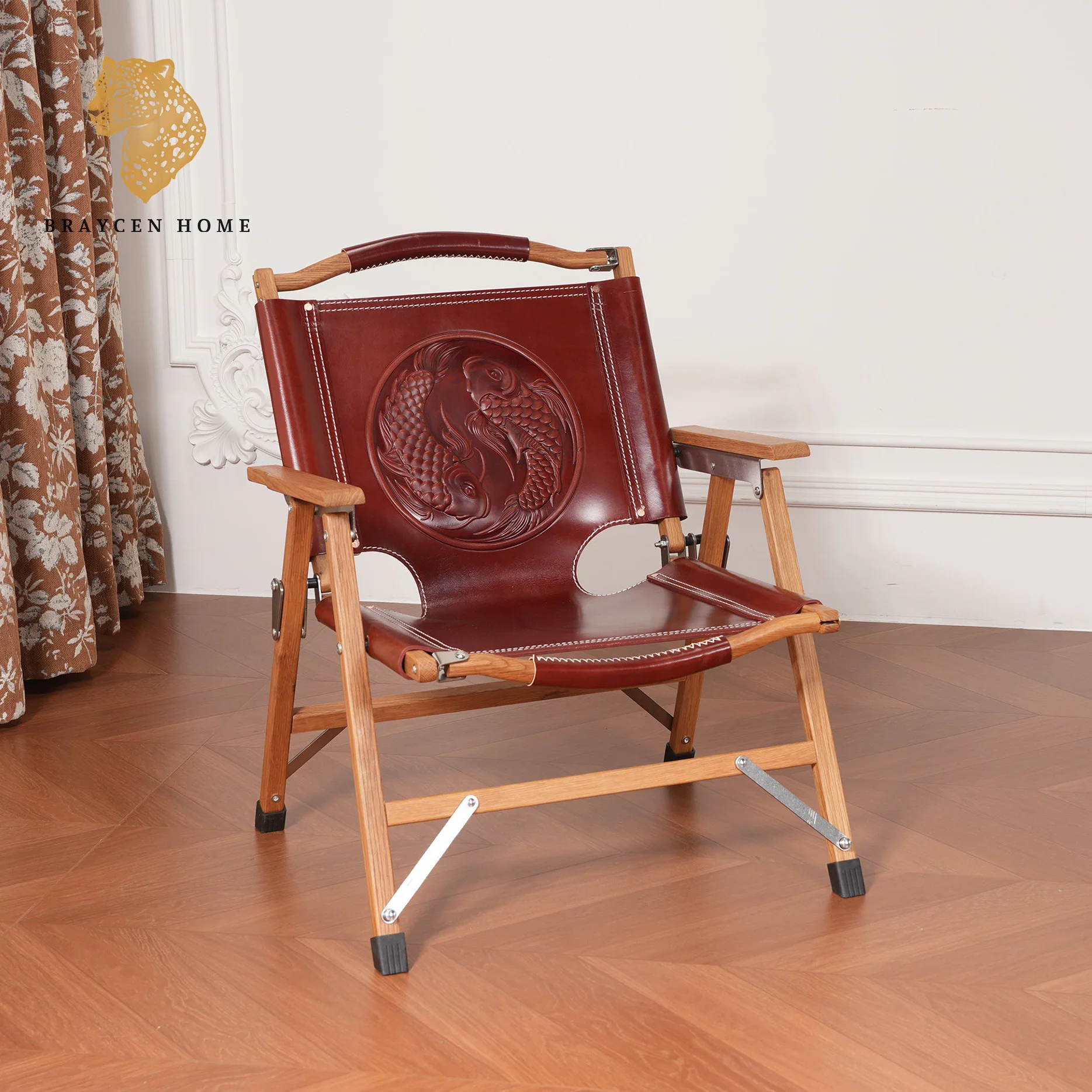 Italian Vintage Danish Designed Leather Folding Folding Camping Chair Garden Holiday Chair Outdoor Furniture For Table Cafe