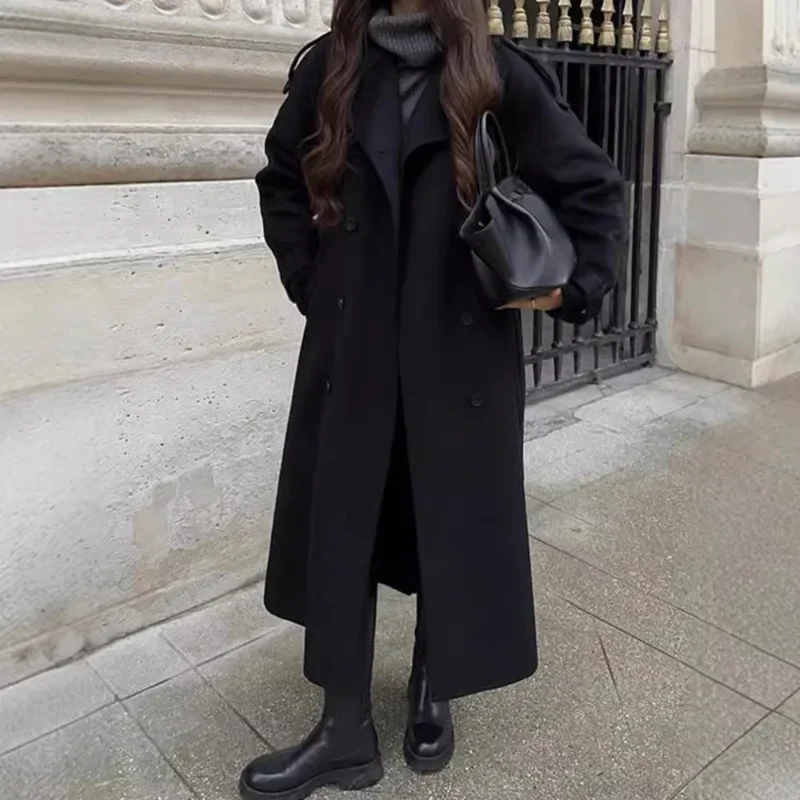 

Street Long Trench Coats with Belt Women Black Loose Lapel Double Breasted Full Sleeve Overcoat 2025 Early Spring Lady Outwears