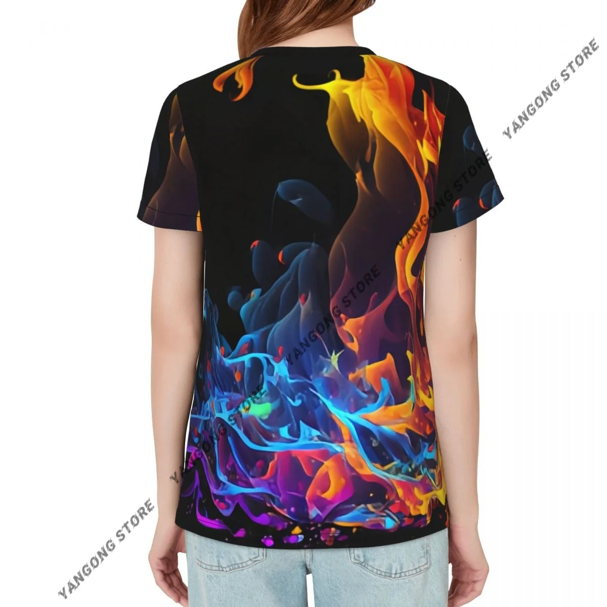 Women's T-shirt Colorful Burning Fire Tshirt Women Casual O-Neck Short Sleeve Tops Tees Clothing