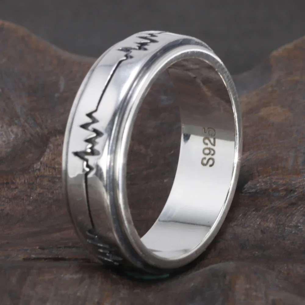 Genuine 925 Sterling Silver Rotating Spinner Band, Anti-Ansiedade, Alívio do Estresse, Homens e Mulheres, Gravação ECG