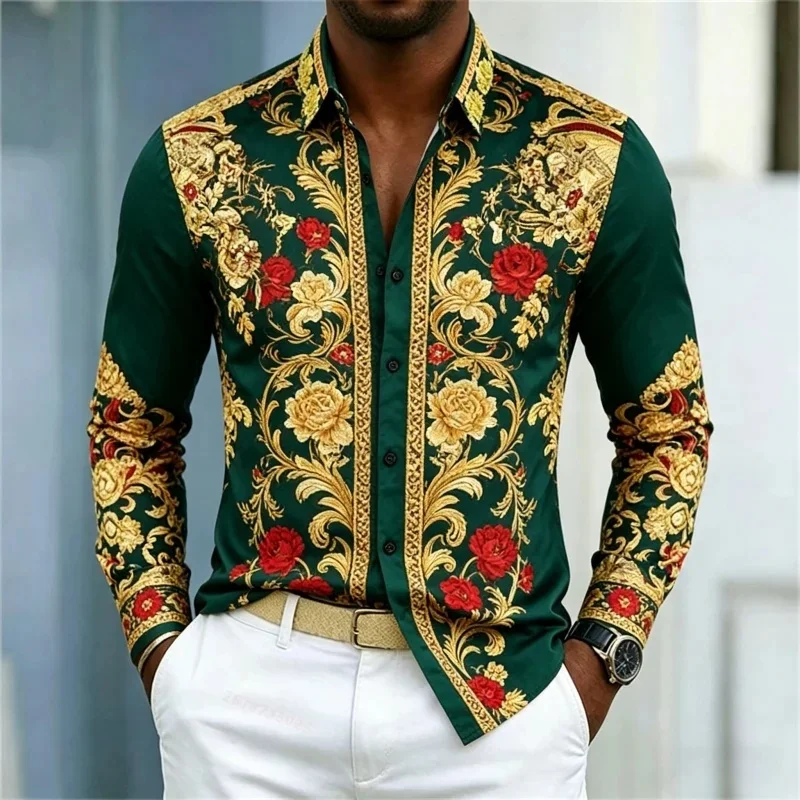 2026 New Men's Shirt Baroque Style Men's Shirt Red Bottom Gold Beast Pattern Printed Top Shirt Business Casual Men's Shirt