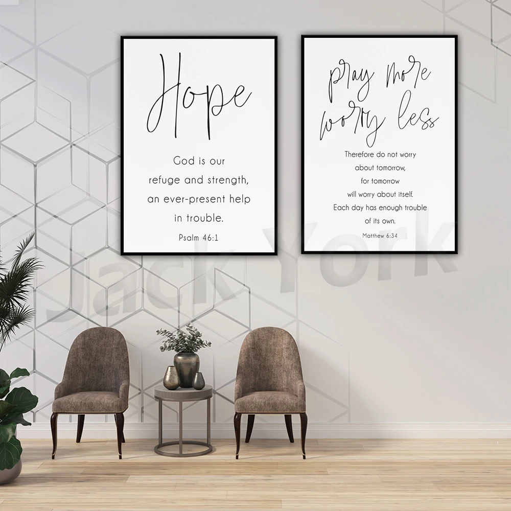 Verse Wall Art Matthew 6:34, Psalm 46 1 Pray More & Hope Scripture Minimalist Modern Christian Gift for Women