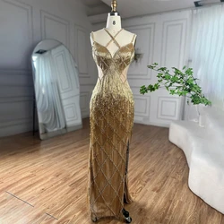 Gold Crystals Sexy Evening Dress Criss Cross Backless Long Prom Dresses Sheath Party Gown For Women Modern Design Formal Gown