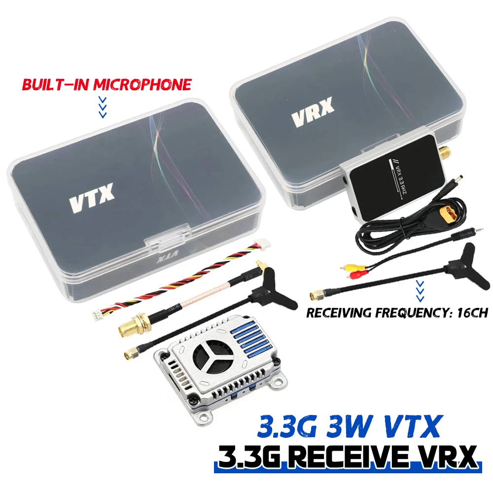 

3.3G 3W Analog VTX Built-in Microphone Audio Video Transmitter 3.3G FPV Traversing Machine 16CH VRX for 7-13inch FPV RC Drone