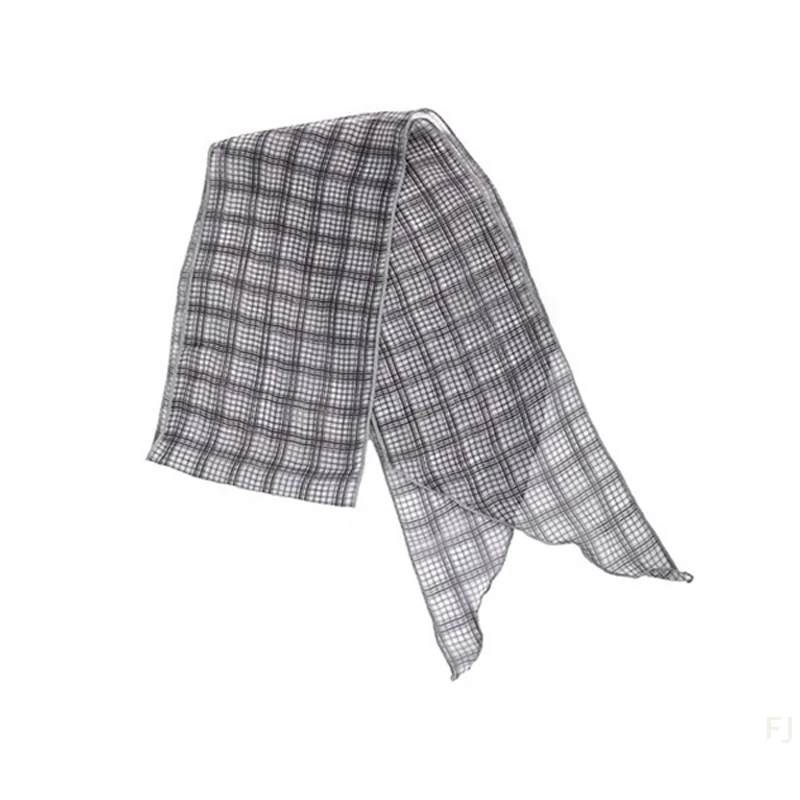 [YU]Vintage Blue Checkered Narrow Scarf Women's Elegant Thin Neckerchief