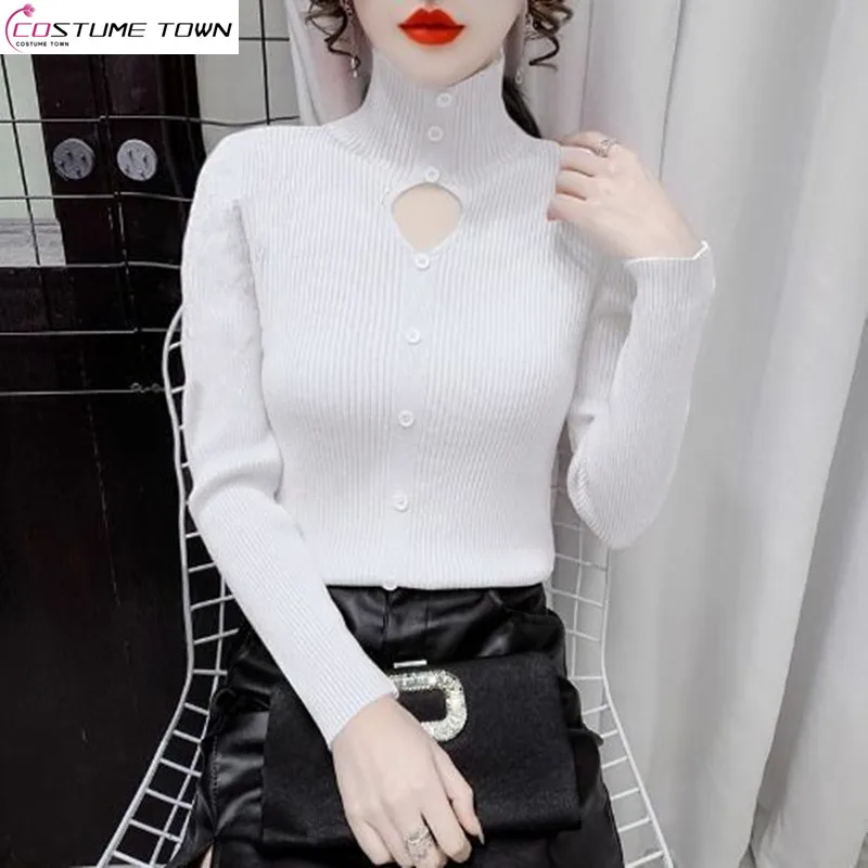 2023 Autumn/Winter Korean Version New Half High Neck Hollow Out Knitwear Sweater Women's Style Knitwear Top Trend