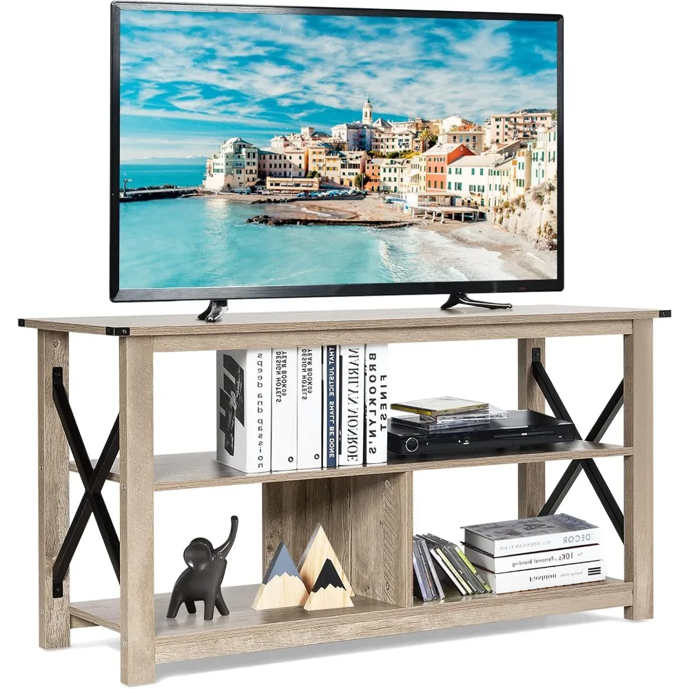 

Wooden TV stand with open frame and X-shaped frame, three story entertainment center with 55 inch TV, farmhouse TV station
