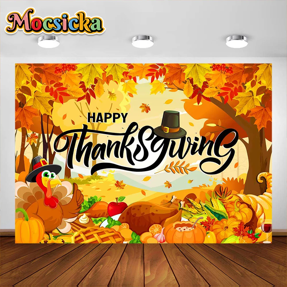 

Happy Thanksgiving Day Banner Backdrop Maple Leaves Turkey Pumpkin Fall Decorations Home Party Supplies Photography Background